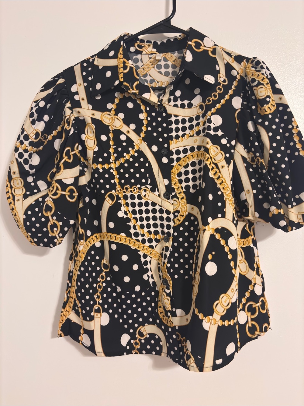 Black & Gold Chain Print Button-Up Blouse